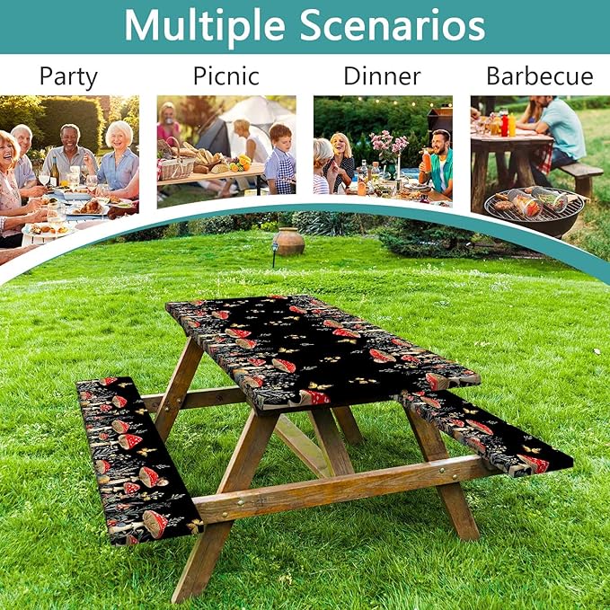 Mushroom Picnic Table Cover with Bench Covers, Camping Essentials, Waterproof Windproof Camping Tablecloth, Fitted Tablecloth Cover with Elastic Edge, for Indoor & Outdoor, Garden, 3 PCS, 30x72 Inch