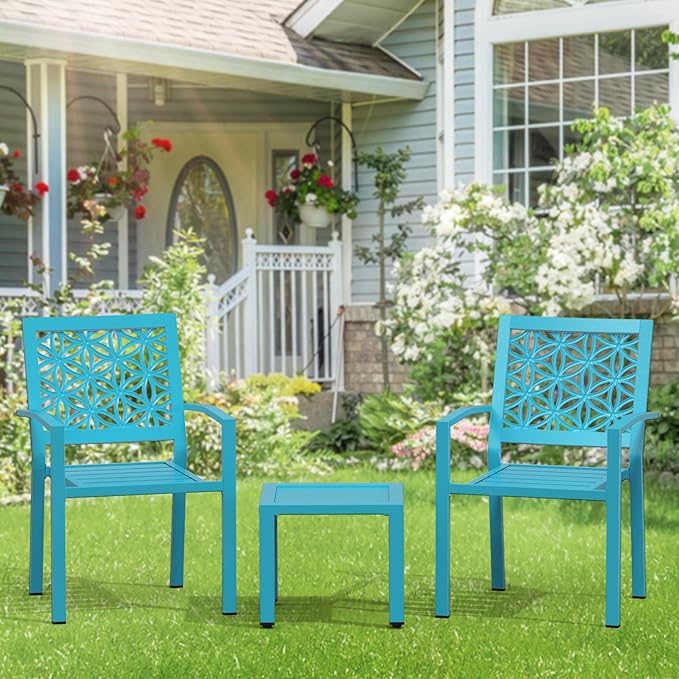 VINGLI 3-Piece Outdoor Bistro Set, Stackable Modern Metal Steel Table and Chairs