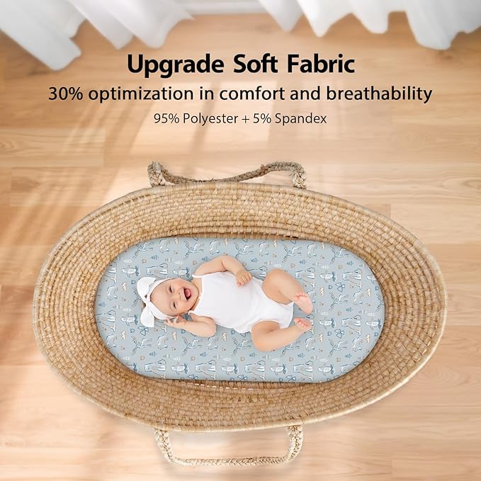 Baby Bassinet Sheets Girl Boy, Fitted Bassinet Sheet Set 3 Pack Bassinet Mattress Sheets Universal Fit for Rectangle, Round, Oval, Hourglass Mattress, Soft Breathable Blue & Apricot Bear