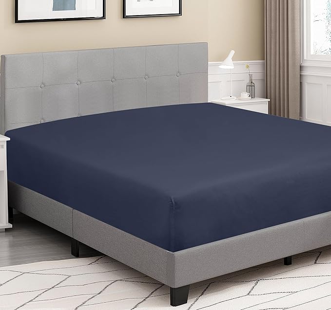 ROYALE LINENS 300 Thread Count 100% Long Staple Combed Cotton Fitted Sheet Twin - Super Soft Deep Pocket Bottom Sheet - Fitted Sheets Only - Elastic Sheets (Twin, Navy)