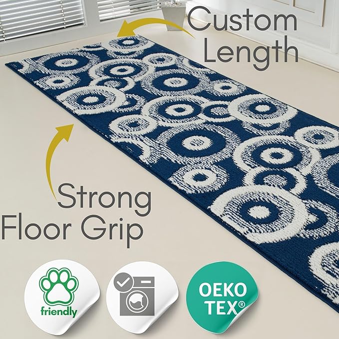 Custom Size Long Blue Hallway Runner Rug | Cut to Length 2'3" x 16' (Runner) | Non-Slip & Machine Washable | REMNAZ