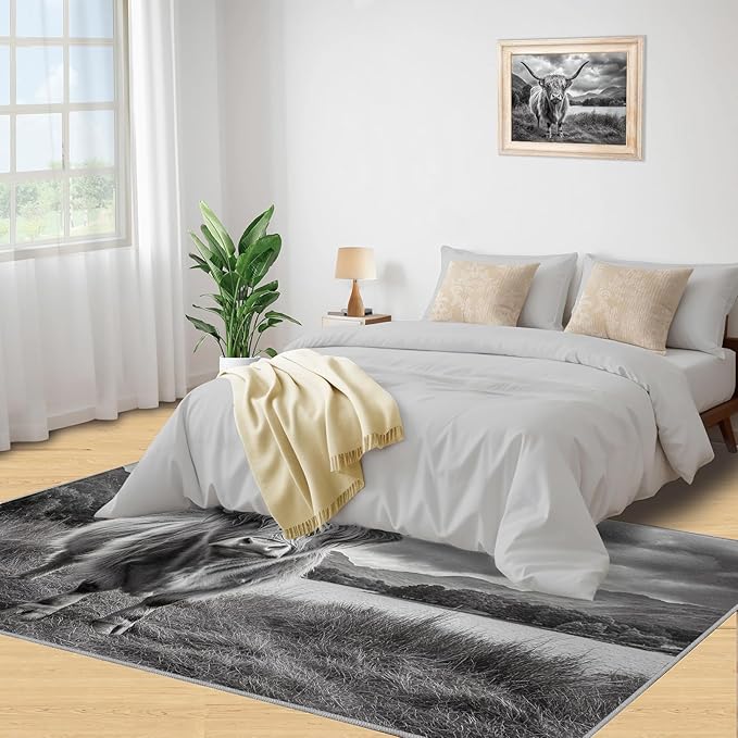 Highland Cattle Rugs for Bedroom - 2x3 Area Rug - Black White Highland Cattle Rugs for Living Room, 3D Natural Landscape Rug, Non-Slip Washable Home Decor Carpet
