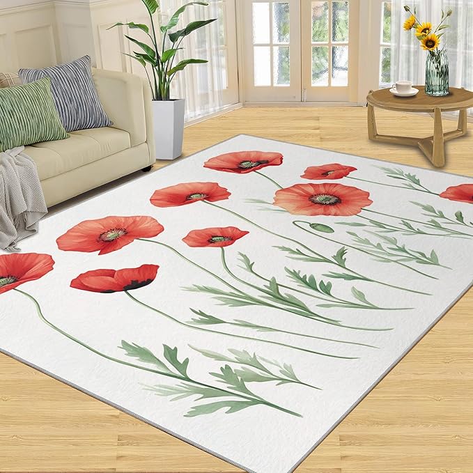 Little Red Flower Rugs for Bedroom - 6x8 Area Rug - Abstract 3D Flowers Rugs for Living Room, Modern Simple Art Rug, Non-Slip Washable Home Decor Carpet