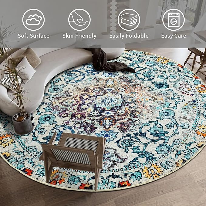 Easy-Going Round Rug 6ft Area Rug Washable Boho Circle Rugs for Living Room Non-Slip Bedroom Rug Low Pile Lightweight Medallion Distressed Throw Rug for Dining Room Kitchen Home Office, Vintage Multi