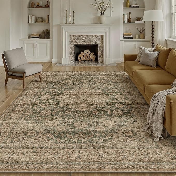 9x12 Vintage Area Rug Green Brown Living Room Bedroom Washable Carpet Non-Slip Soft Low Pile Distressed Indoor Large Throw Rug for Dining Room Office
