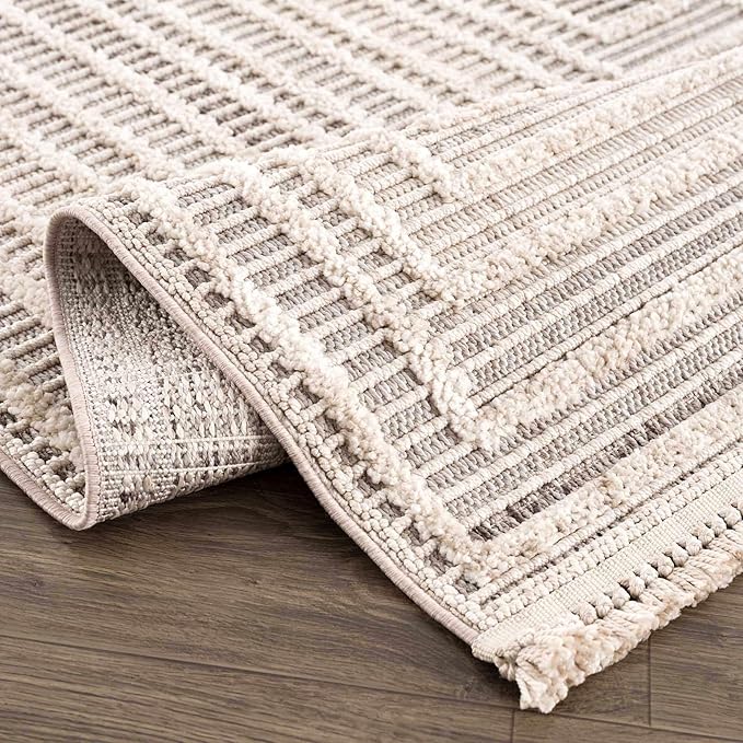 Hauteloom Lunao Farmhouse Living Room Bedroom Moroccan Square Pattern Abstract Area Rug - Soft Shaggy High Low Carpet - High Pile - Bohemian, Boho - Gray, Brown, Beige, Cream - 5'3" x 7'