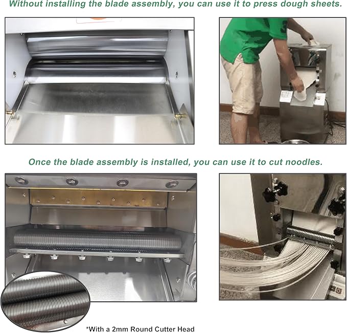TECHTONGDA Electric Noodle Making Dough Roller Pasta Dumpling Skin Maker Noodle Cutting Machine 2200W 11.4inch Roller with 2mm Round Cutter Head