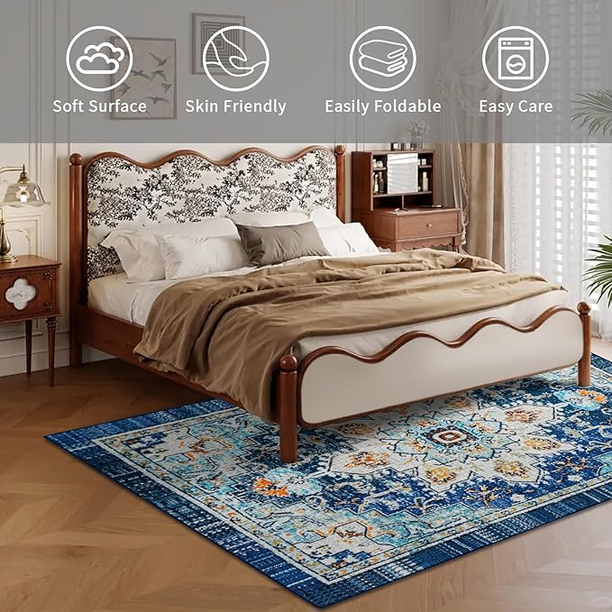 Easy-Going Area Rug 4x6 Washable Boho Rugs for Living Room Non-Slip Bedroom Rug Low Pile Lightweight Tangerine Vintage Throw Rug for Dining Room Kitchen Home Office Carpet, Floral Aqua Yellow