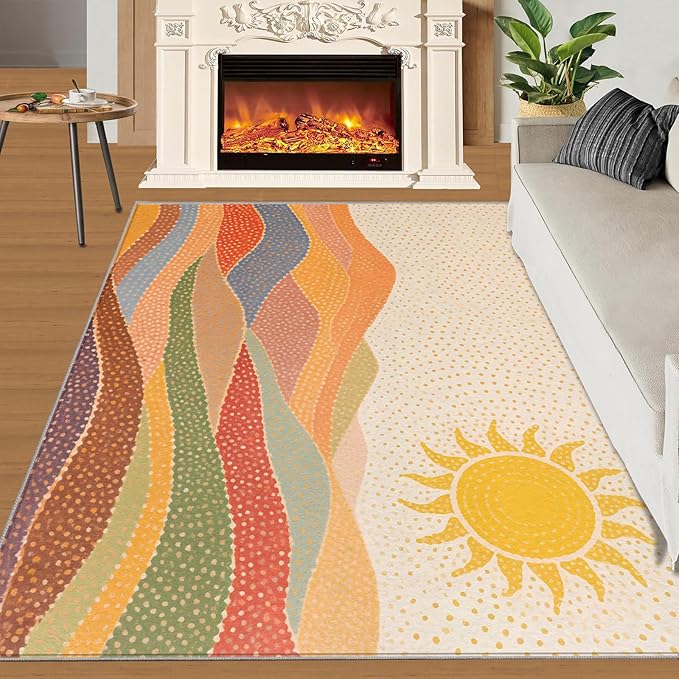 Boho Sun Area Rugs 6x8ft, Mosaic Sunburst Living Room Area Rug, Dotted Gradient Hills Play Rug with Carpet Tape Double Sided for Bedroom Office Home Decor