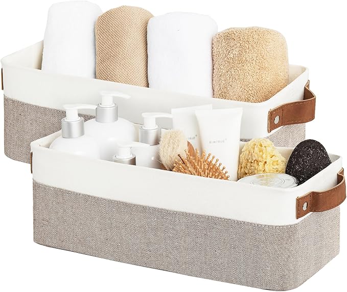 StorageWorks Narrow Storage Bins, Small Baskets for Organizing, Long Storage Basket with Handles, Fabric Storage Bins for Shelf, Brown and White, 2-Pack