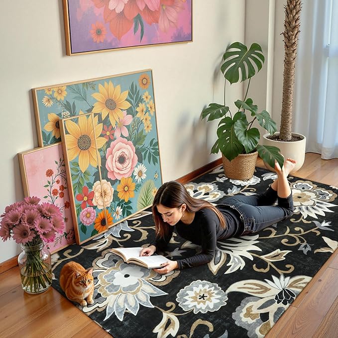 Lahome Floral Washable Living Room Area Rug - 3x5 Non-Slip Low-Pile Rugs for Entryway, Throw Small Stain Resistant Kitchen Rugs Soft Black Paisley Print Carpet for Office Bedroom Laundry Room Office