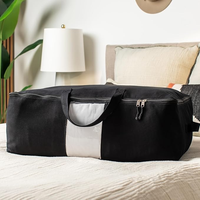 Soft Canvas Storage Bags with Zipper. Thick Breathable, 1pc King/Queen Comforter Organizer. Four Carrying Handles and Window. Large 25x19x9in Bag for Sheets Blankets Bedding Pillows, Clothes (Black)