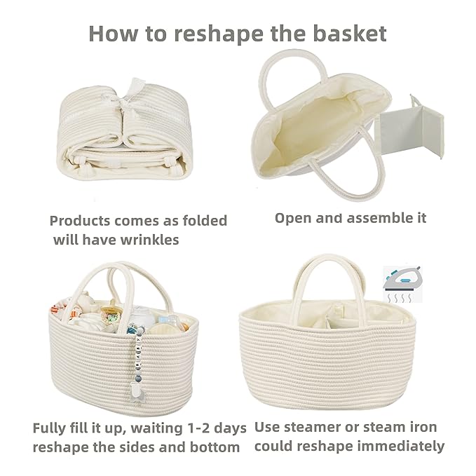 Large Baby Diaper Caddy Organizer for Girl Boy Rope Nursery Storage Bin Basket Portable Holder Tote Bag for Changing Table Car Travel Baby Shower Gifts Newborn Essentials Registry Must Haves White