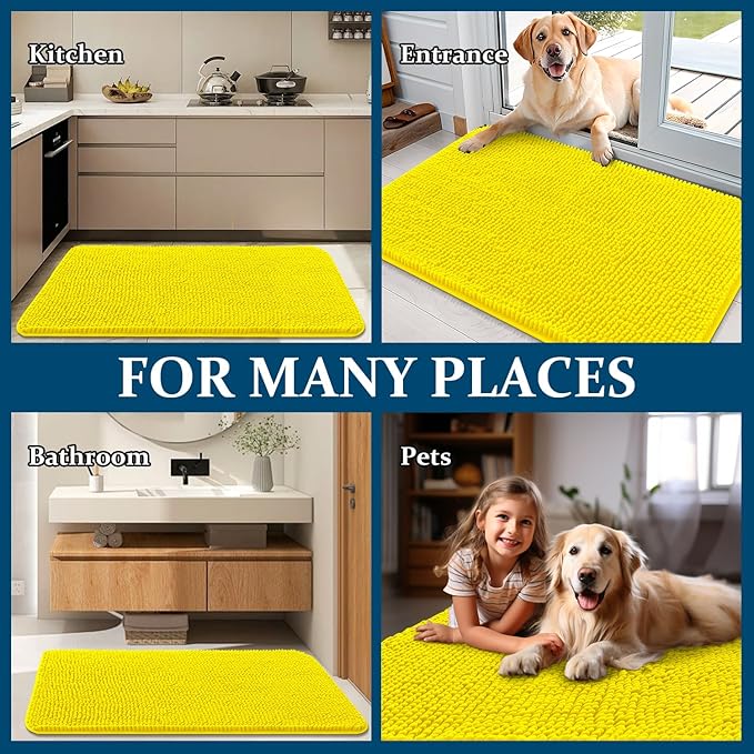 OLANLY Dog Door Mat for Muddy Paws 36x24, Absorbs Moisture and Dirt, Absorbent Non-Slip Washable Doormat, Quick Dry Chenille Mud Mat, Entry Indoor Entryway Carpet for Inside Floor, Lemon Yellow