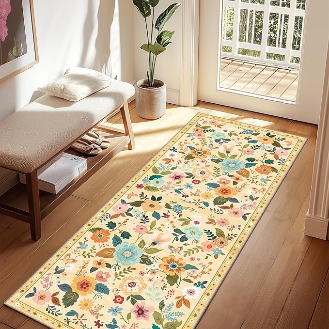 Floral 2x6 Area Rug Machine Washable Soft Print Boho Carpet Non Slip Doormat Low Pile Flower Area Rugs for Living Room Bedroom Nursery Kitchen Dining Room Indoor-Ivory/Yellow
