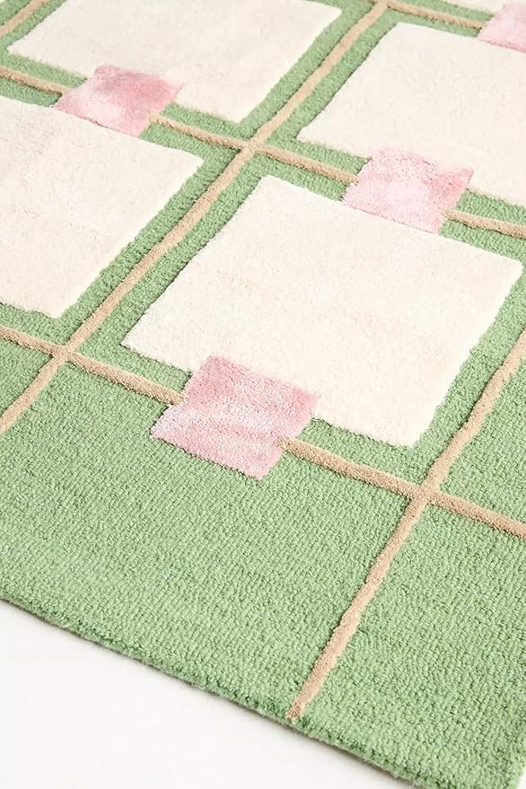 Greer Wool Area Rug - Soft Hand-Tufted Geometric Design with Pink and Green Color Palette, Perfect for Modern Home Decor (8x11 Ft)