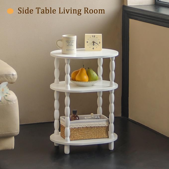 MaxSmeo White Side Table, 3-Tier Small Oval End Table, Modern Night Stand Wood
