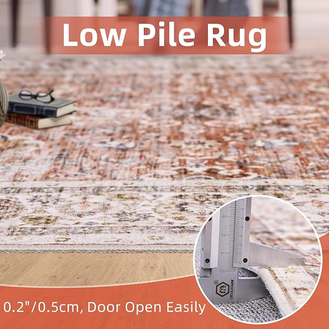 3x8 Runner Rug Non Slip - Kitchen Washable Rug Runner with Non-Shedding, Boho Rugs Cream Runners Rug for Hallways Distressed Carpet Runner Rugs for Bedroom Brick Red