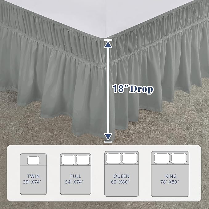 Twin Bed Skirt, Elastic Wrap Around Bed Skirt Twin Size, Bed Skirts for Adjustable Bed, Easy Fit with 18" Drop Length Tailored Drop Dust Ruffle (Drey)
