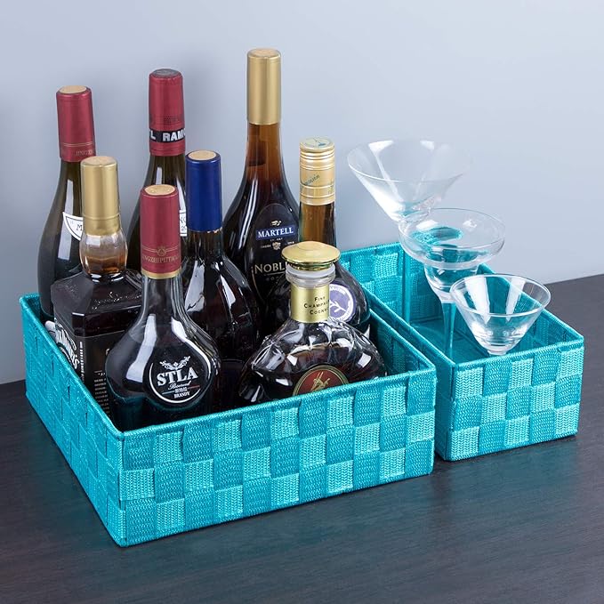 Posprica Woven Storage Baskets for Organizing, Small Black Baskets Cube Bin Container Tote Organizer Divider for Drawer, Closet, Shelf, Dresser, Set of 4(Aqua)