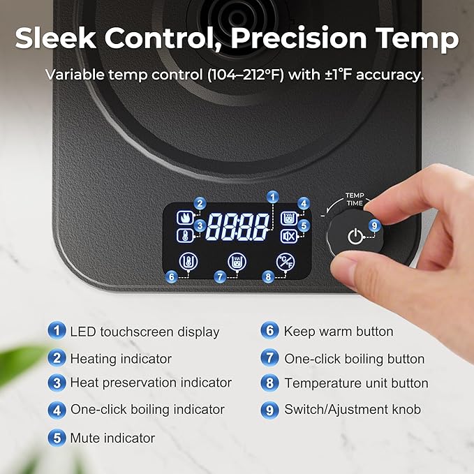 AGORVIO Gooseneck Electric Kettle, ±1°F Temperature Control Electric Kettle, 1.0L 1200W Fast Heating, 24H Keep Warm, 30Min Auto Memory, Food Grade Stainless Steel, Pour Over Kettle for Coffee and Tea