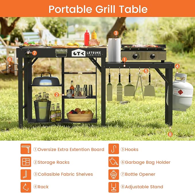 Leteuke Grill Table for Blackstone Griddle, Portable Foldable Grill Table with Storage Fits Ninja, Blackstone Griddle Stand for Outdoor Camping, Picnic, Garden, Patio, Dining, BBQ, Party