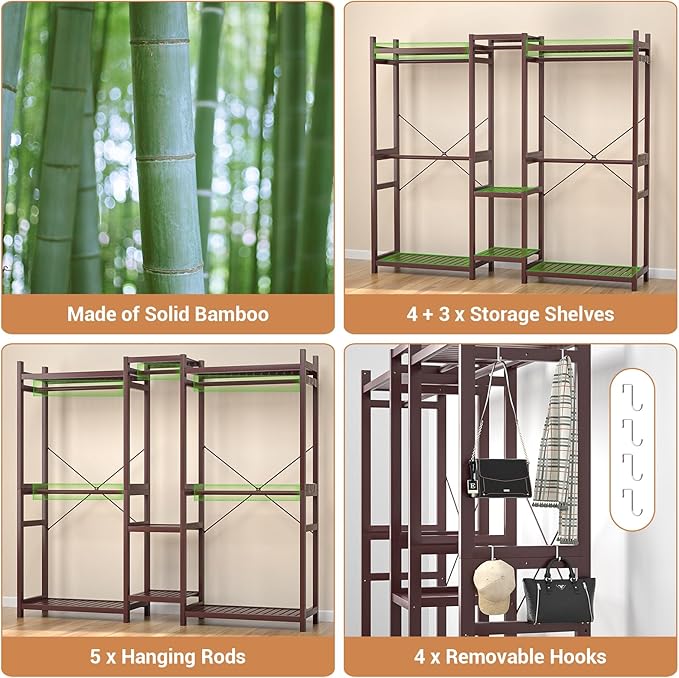 Homykic Bamboo Closet System Clothes Rack, Large Freestanding Garment Rack Clothing Rack for Hanging Clothes with 7 Storage Shelves and 5 Rods, Open Wardrobe Organizer with 4 Hooks, Espresso