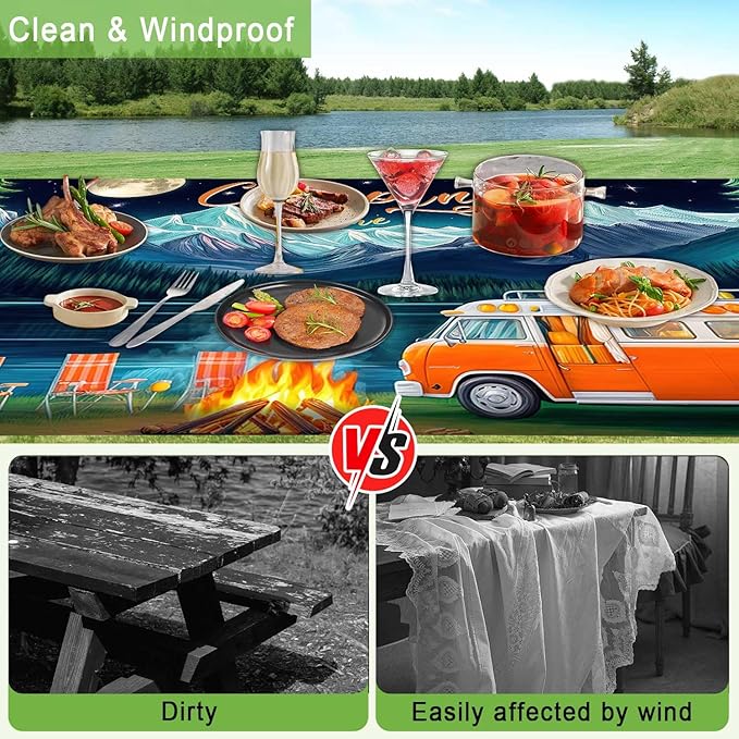 Picnic Table Cover with Bench Covers and Bag, Forest Mountain Lake Fitted Outdoor Table Covers, Camping Essentials, Windproof & Waterproof Tablecloth Cover with Elastic Edge, 3 PCS, 30x96 Inch