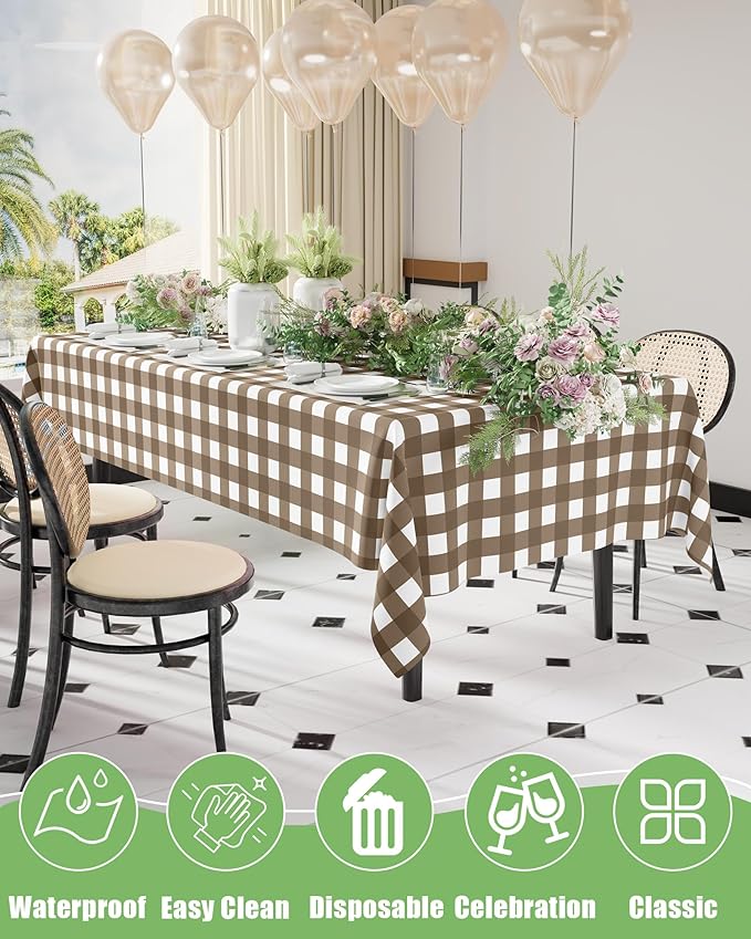 Smiry 20 Packs Gingham Disposable Table Cloth, 54 x 108 Inch Waterproof Plastic Tablecloth, Rectangle Brown and White Checkered Table Covers for Picnic, Birthday, Party