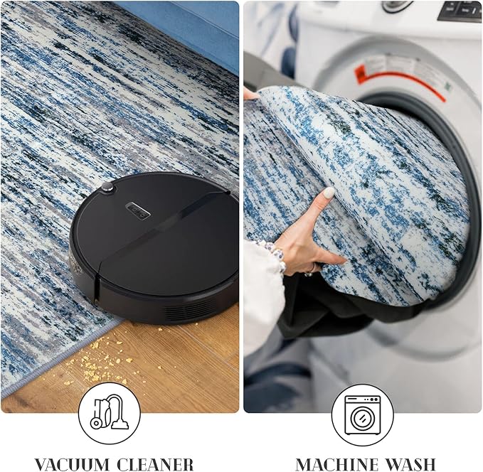 Modern Abstract Runner Rug 2.6x12, Grey Blue White Washable Long Kitchen Runner Non-Slip Soft Hallway Rug Runner Thin Print Faux Wool Carpet for Entryway Bedroom Laundry Room Indoor Home Decor