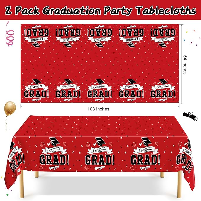 2 PCS Graduation Tablecloth, 108" X 54" Red Graduation Table Decorations 2026, Disposable Plastic Tablecover for Grad Decor Party Supplies, Rectangle Table Cloths for Class 2026 Congrats Grad for kids