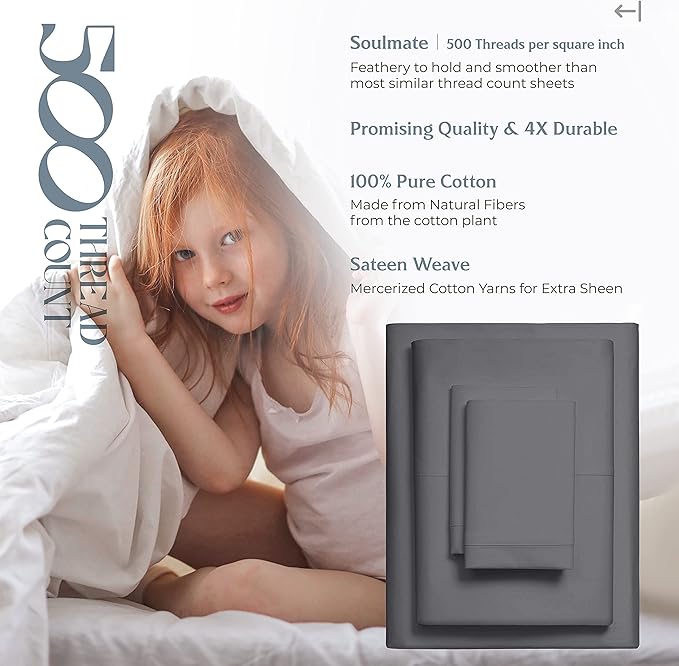 Mayfair Linen 100% Cotton Bed Sheets Twin Sheet Set - 500 Thread Count Sheets Twin Size 3 PC Set (Dark Grey), Soft, Cooling, Hotel-Quality 16" Deep Pocket Sateen Weave Cotton Bedsheet for Dorm Room