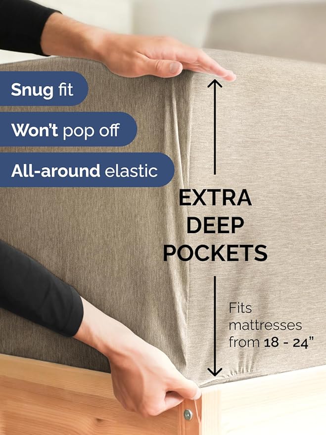 Extra Deep Twin XL Fitted Sheet - Hotel Luxury Single Fitted Sheet Only - Easily Fits 18 to 24 inch Mattress - Soft, Wrinkle & Fade Free with Extra Deep Pockets - Breathable & Comfy - Heathered Beige