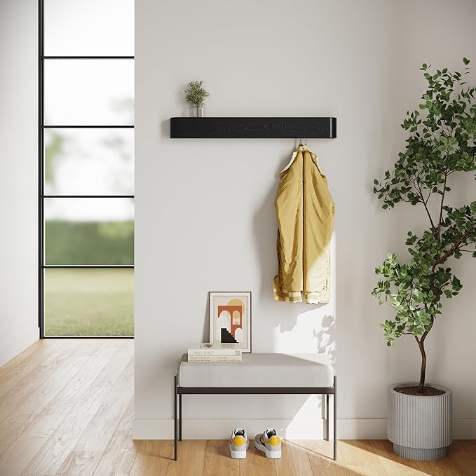 Kazai. Wall-Mounted Coat Rack 'Toke' - Modern Design Coat Rack with Hidden Wall Hooks - Solid Wood Veneer Panel Coat Hanger - Oak, Black