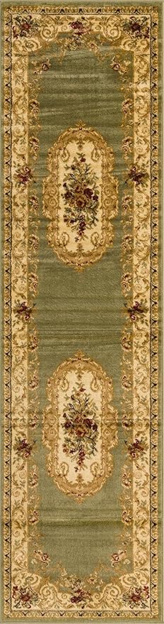 Rugs.com Chateau Collection Rug – 10 Ft Runner Green Medium Rug Perfect for Hallways, Entryways