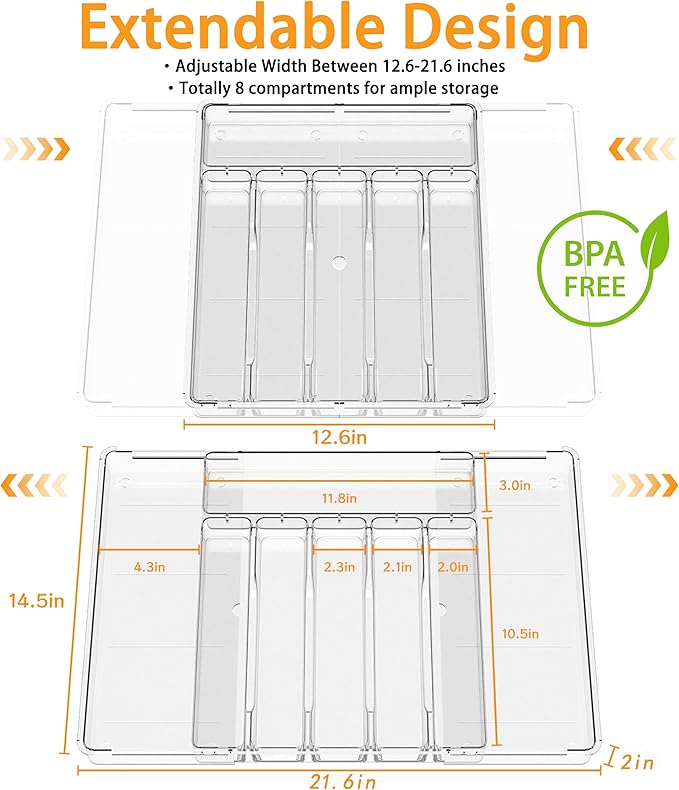 Silverware Drawer Organizer, Expandable Utensil Tray for Kitchen Drawers,BPA Free Flatware and Cutlery Holder,Adjustable Plastic Storage for Utensil like Spoons, Forks, Knives.Clear