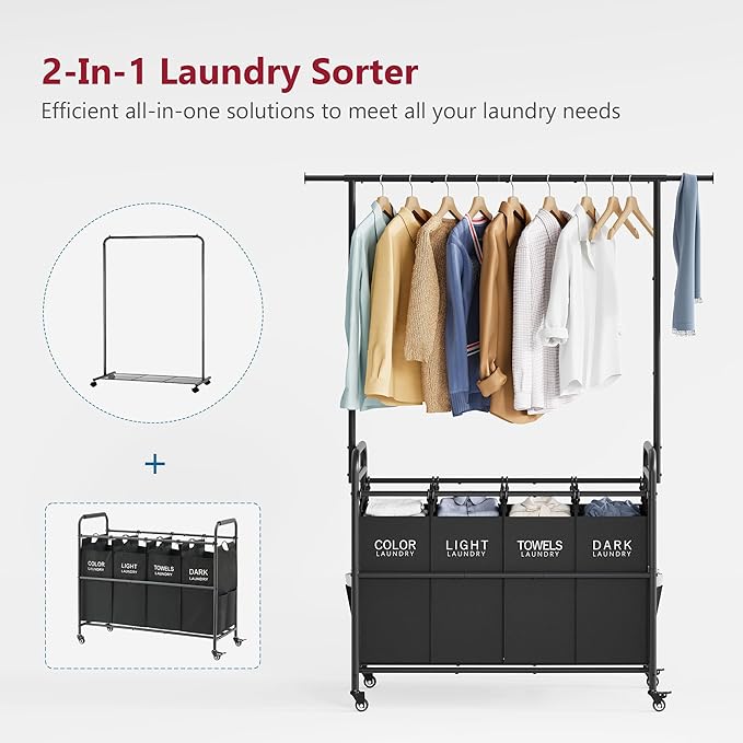 Tajsoon Laundry Sorter Cart with Hanging Clothes Rack, 4 Butler Sorter Basket Organizer, Laundry Hamper Cart with Heavy Duty Rolling Lockable Wheels, Black
