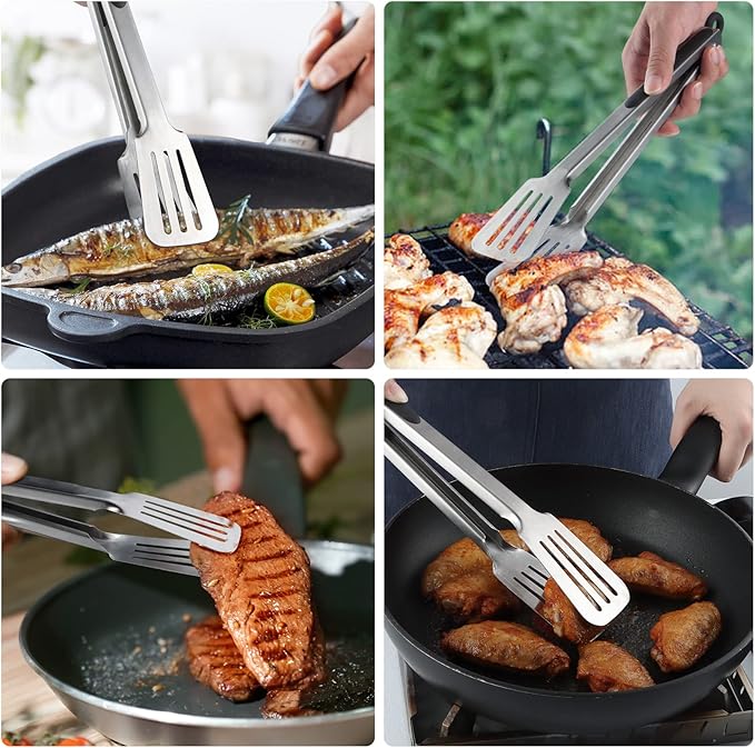 Lebabo Tongs for Cooking, Set of 2 Metal Spatula Tongs for Grilling, Black