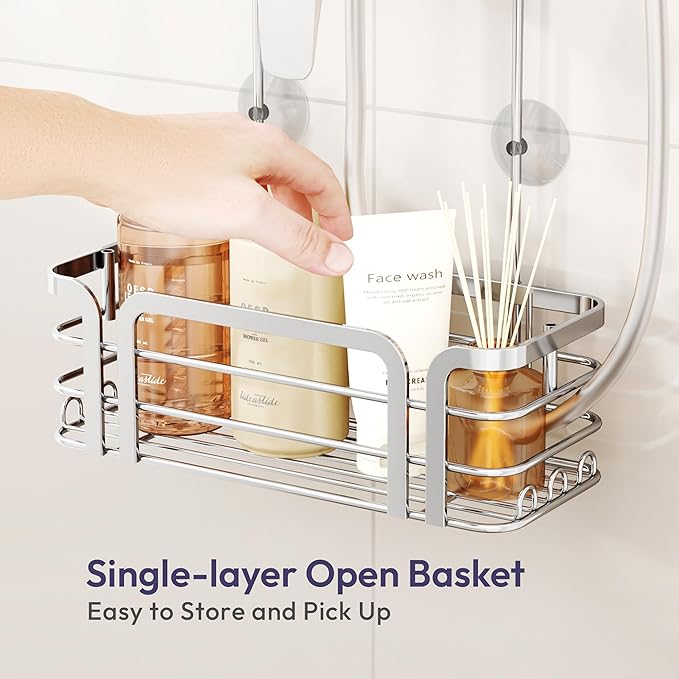 SWTYMIKI Shower Caddy Hanging Organizer - Over the Door Shower Caddy with 6 Hooks, 2 Installation Ways, Stainless Steel Rustproof Bathroom Organizer, Silver