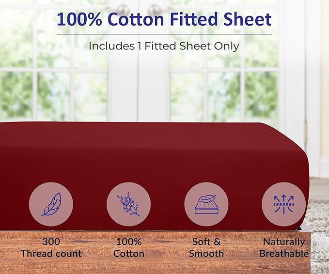 ROYALE LINENS 300 Thread Count 100% Long Staple Combed Cotton Fitted Sheet Twin XL - Super Soft Deep Pocket Bottom Sheet - Fitted Sheets Only - Elastic Sheets (Twin XL, Red)