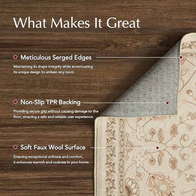 EVERGRACE Area Rugs for Living Room 8x10, Boho Floral Faux Wool Indoor Outdoor Rugs, Washable Rugs for Bedroom Dining Room Entryway Kitchen, Low Pile Floor Mat Carpet for Home Decor, Natural Beige