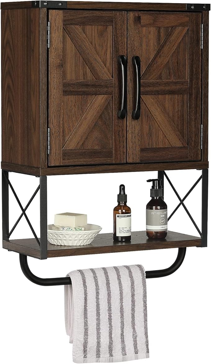 RUSTOWN Farmhouse Rustic Medicine Cabinet with Two Barn Door,Wood Wall Mounted Storage Cabinet with Adjustable Shelf and Towel Bar, 3-Tier Cabinet for Bathroom(Dark Walnut)