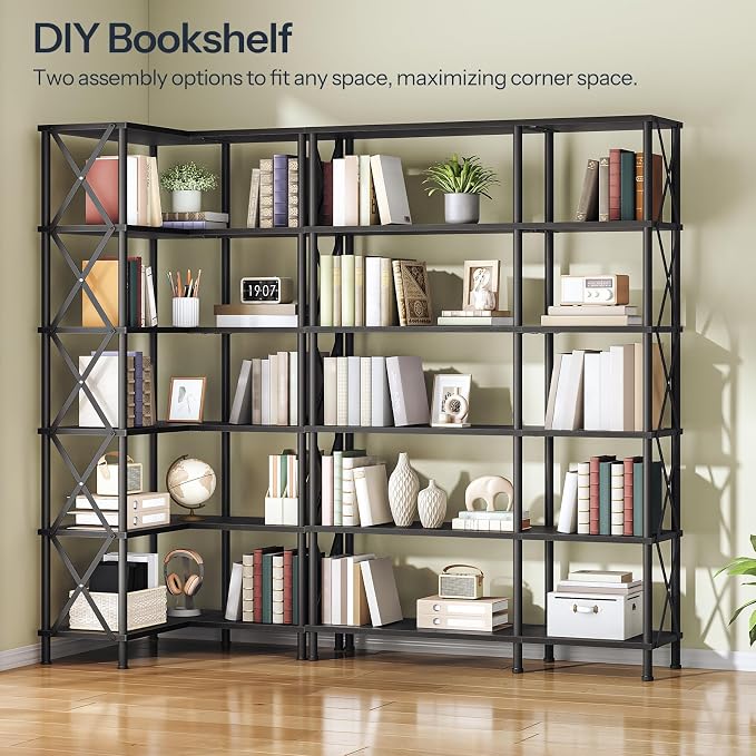 HOOBRO Corner Bookshelf, 6-Tier L-Shaped Bookcase, Industrial Open Display