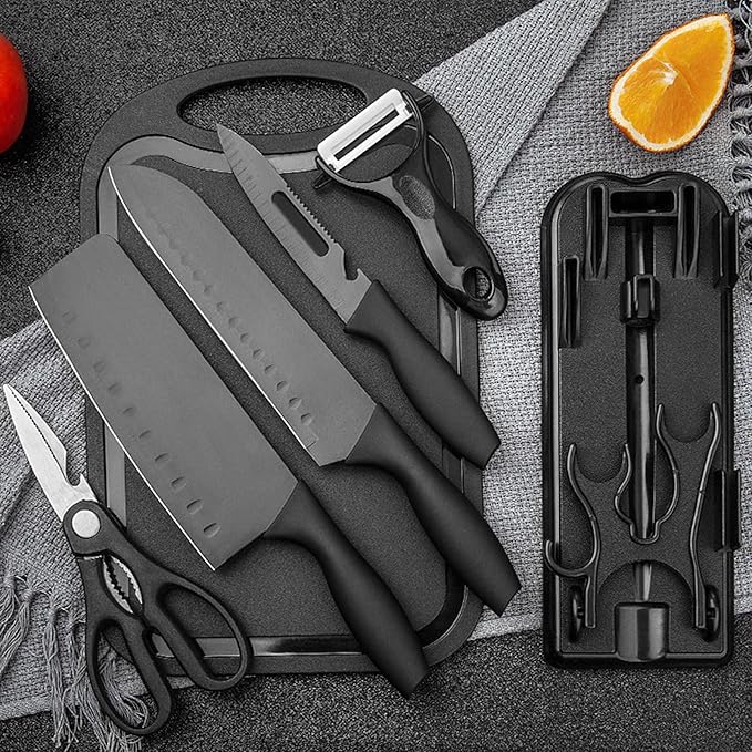 Magicorange 7-Piece Kitchen Knife Set - 5 Black Stainless Steel Knives with Sheaths, Cutting Board, and a Knife Block- Stainless Steel Kitchen Knives with PP Ergonomic Handle (Matte Black)