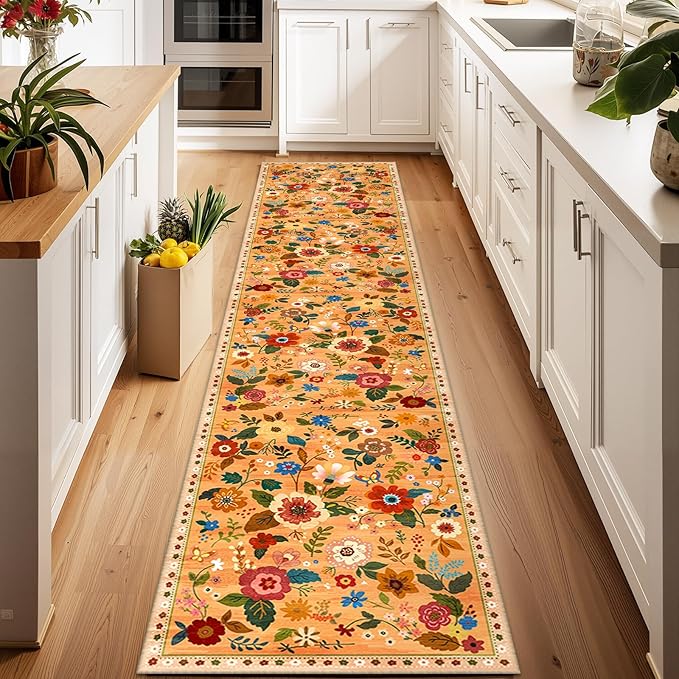 Floral 2x6 Area Rug Machine Washable Soft Print Boho Carpet Non Slip Doormat Low Pile Flower Area Rugs for Living Room Bedroom Nursery Kitchen Dining Room Indoor-Yellow/Orange