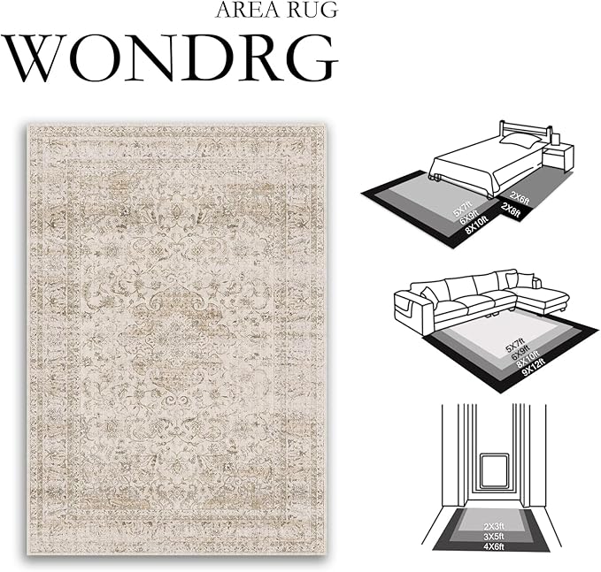 2x3 Washable Beige Area Rug Vintage Entryway Kitchen Carpet Non-Slip Soft Low Pile Distressed Indoor Small Throw Rug for Bedroom Bathroom Entrance
