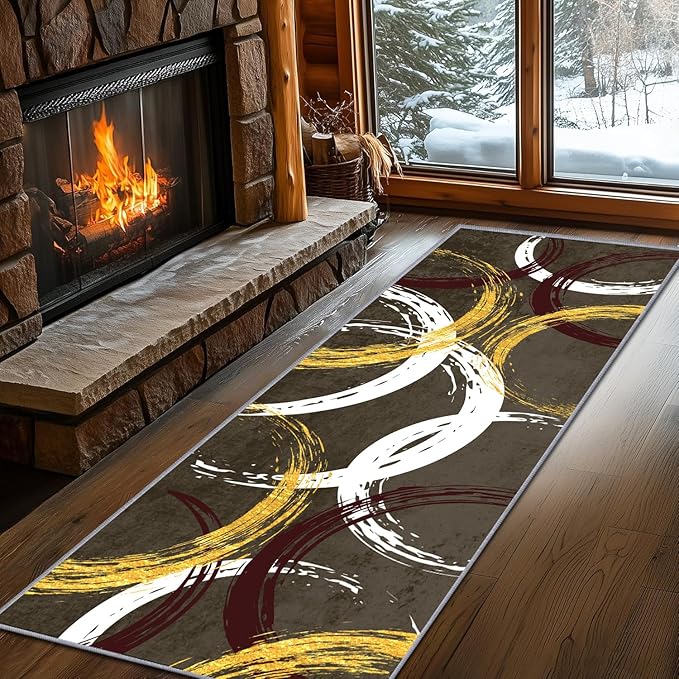 Gold White Red Circle Pattern Runner Rug, 2x7ft Washable Hallway Entrance Rugs - Corridor & Foyer Long Accent Rug, Modern Stylish Decor Carpet for Home Runner Non-Slip Mat