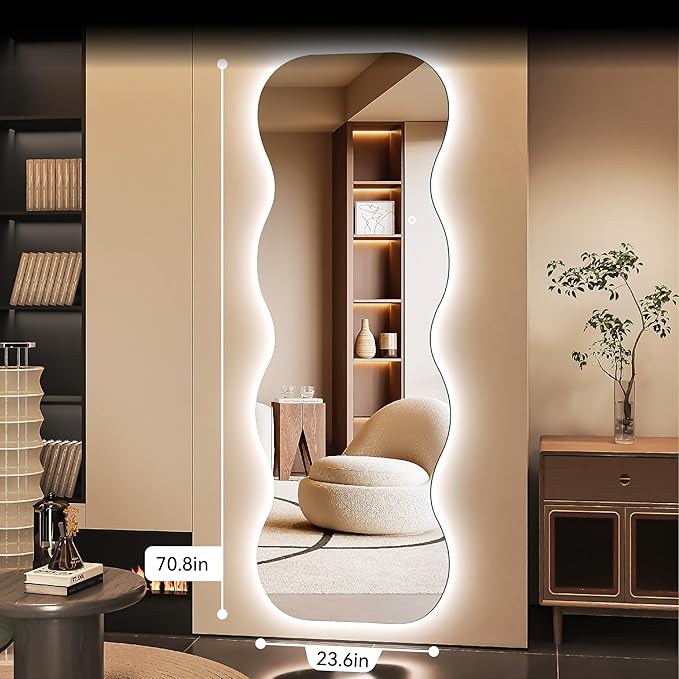 Hasipu Wavy Full Length Mirror with Lights - 71"×24" LED Wavy Floor Mirror, Frameless, Dimmable, Standing or Vertical/Horizontal Wall-Mounted Mirror for Bedroom, Living Room, Cloakroom