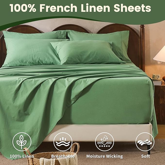 100% Linen Sheet Set Cal King Size Extra Deep Pocket Fits 18-24 Inch Mattress, Breathable & Soft, Smooth 4-Piece Set for Thick Mattresses Hotel Luxury Bedding（Cal King, Sage Green）