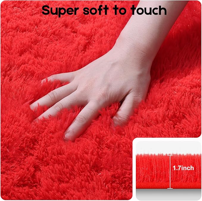 3x5 Red Rug for Bedroom Living Room, Fluffy Small Area Rug Soft Shag Carpet for Kids Boys and Girls Room with 4 Rugs Non-Slip Stickers Dorm Home Decor (3ft x 5ft)